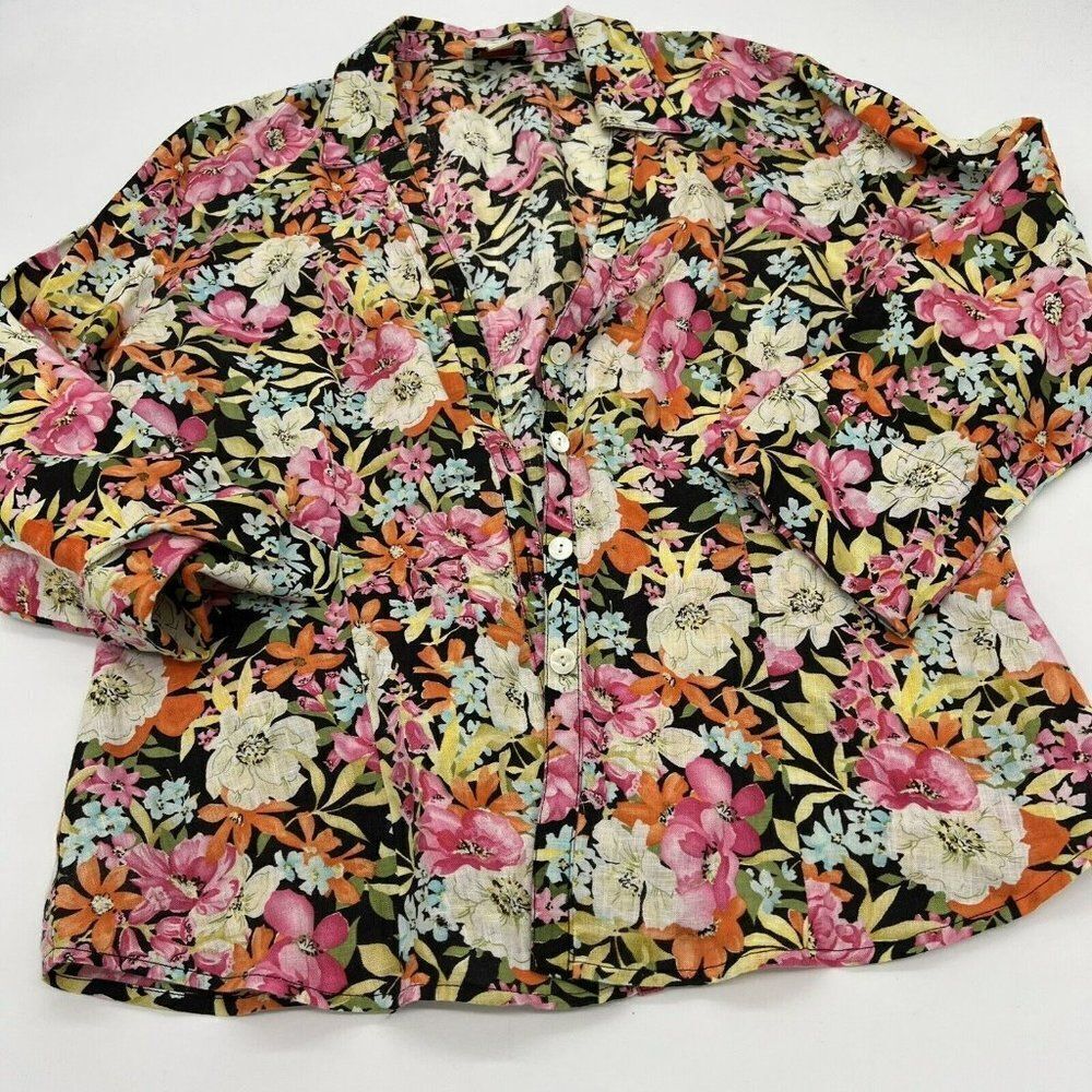 Talbots Floral 100% Linen Button Up blouse size 14